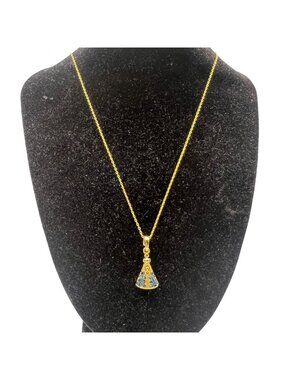 Our Lady Of Aparecida Gold-Tone Necklace Blue Rhinestone Pendant Brazil Style